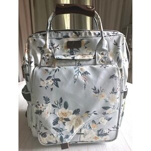 LitBear Light Blue Floral Diaper Bag Multiple Compartments Full Zip Backpack NEW